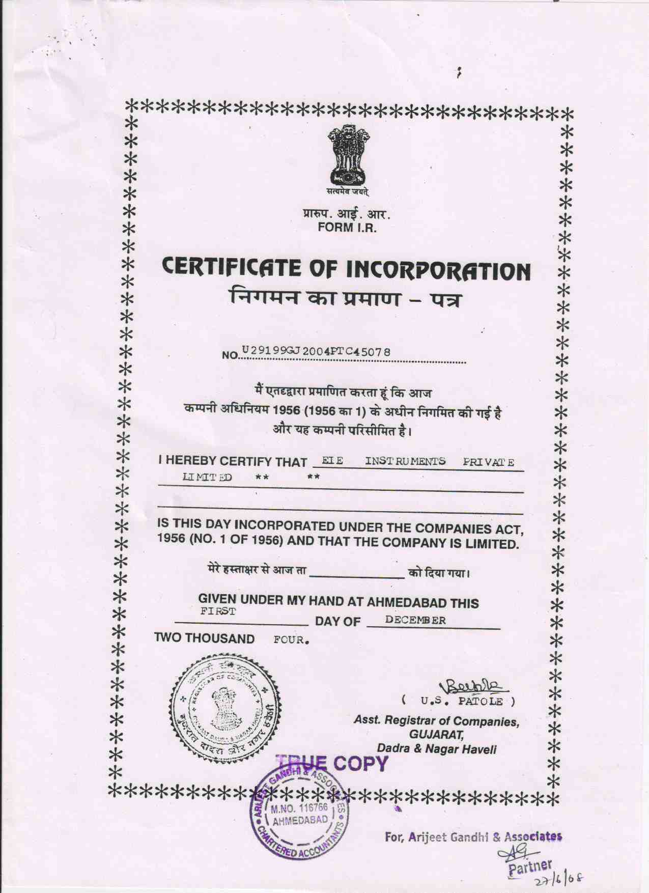 Certificate of Incorporation - EIE Instruments